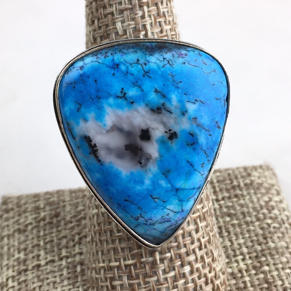 New Blue Dendritic Dendrite Opal Stone Silver Overlay Ring 8